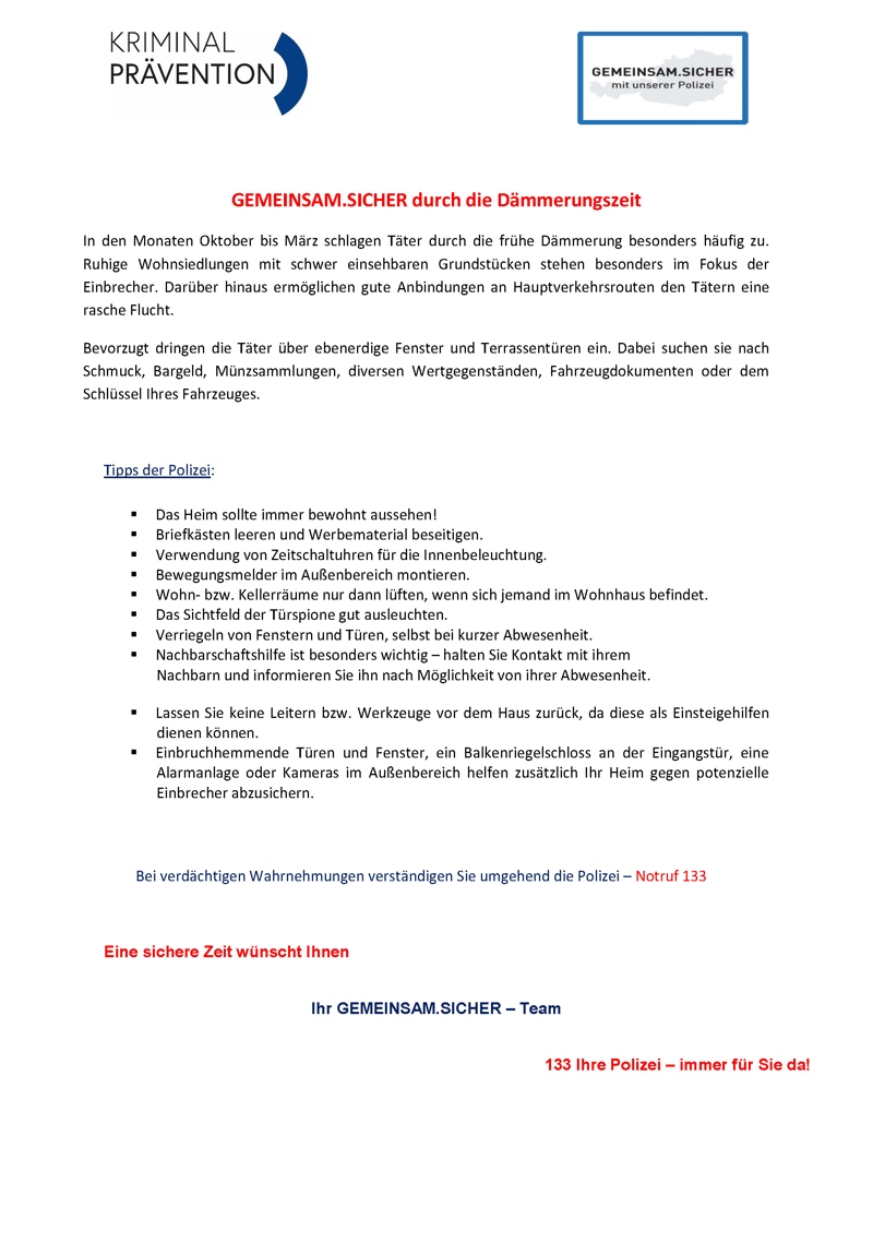 Sicherheitstipp - Gemeinsam Sicher durch die Dämmerungszeit